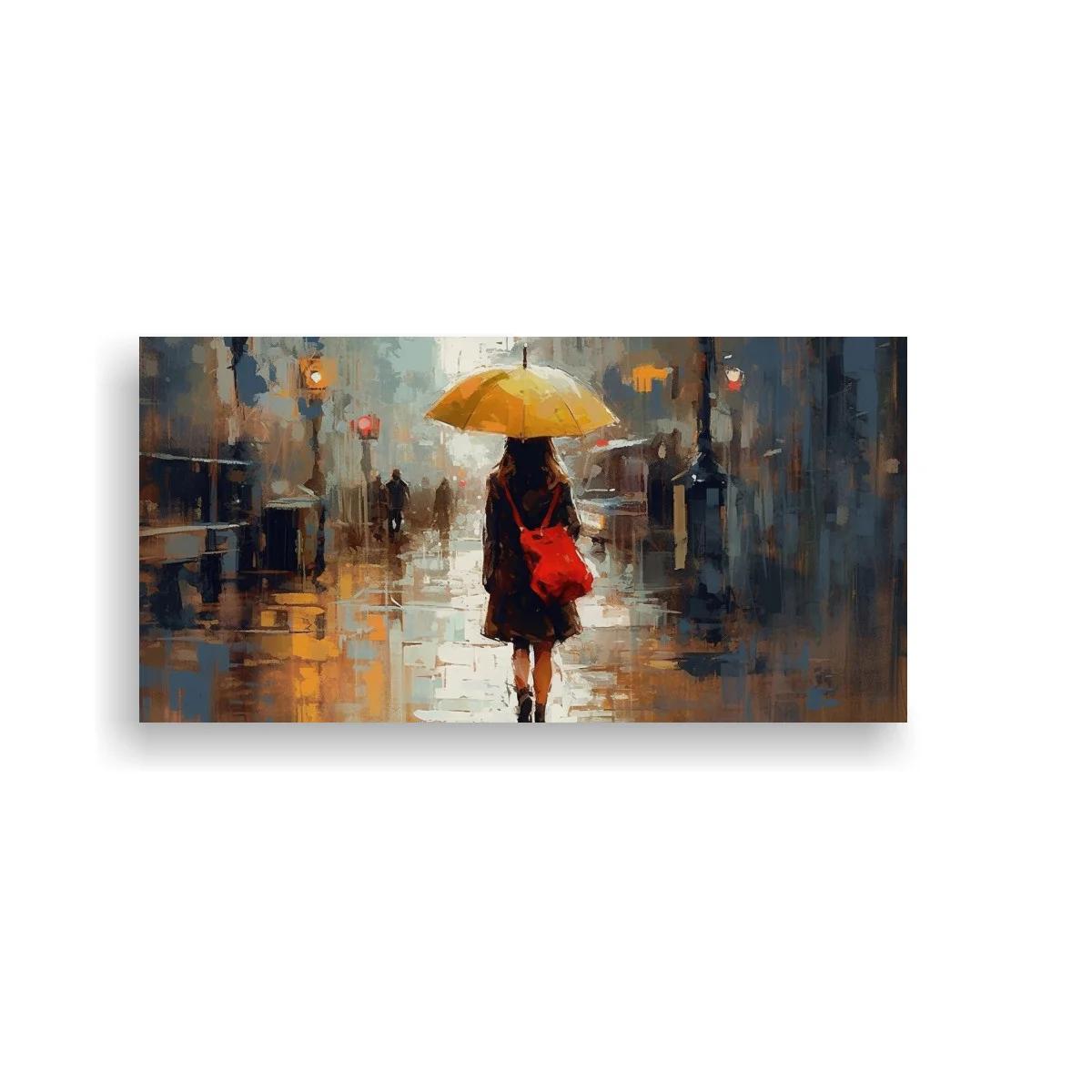 Cuadro mujer con paraguas amarillo y bolso rojo — imagen principal