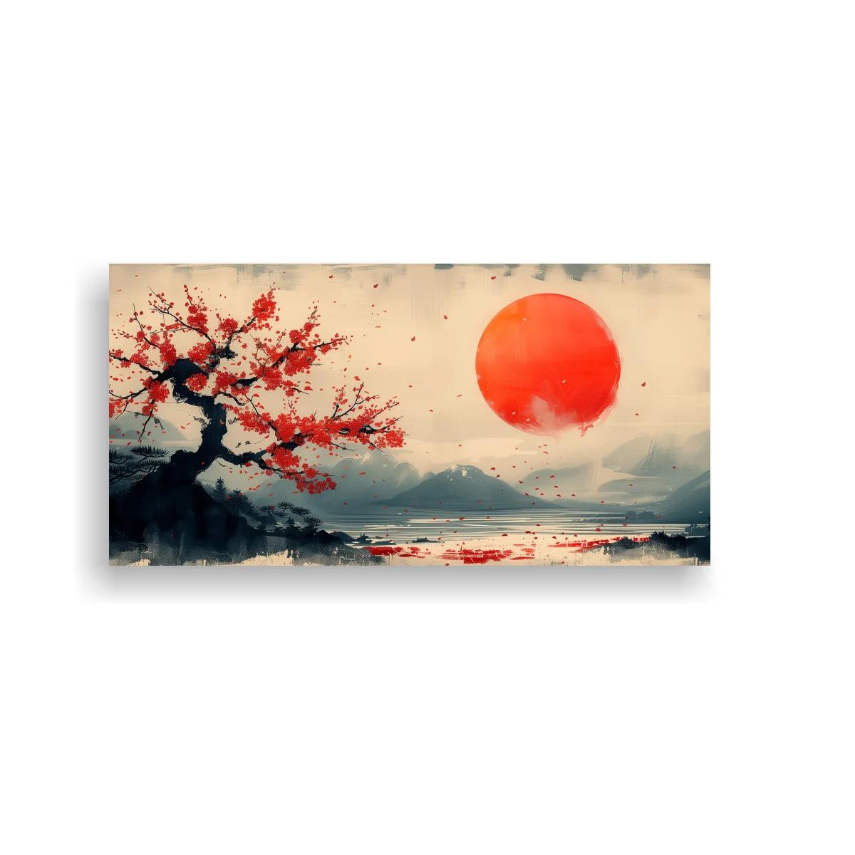 Cuadro árbol japonés con flores rojas y sol rojo sobre el lago — imagen principal