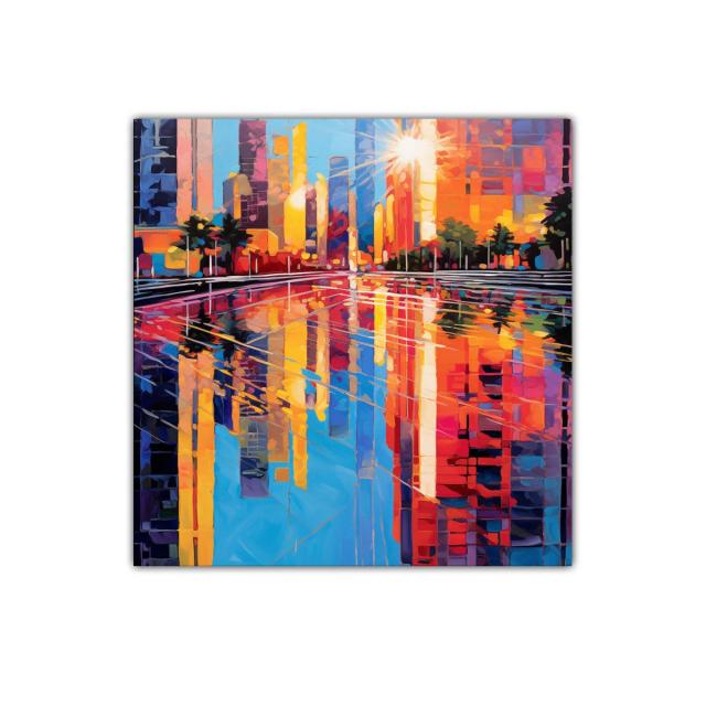 Cuadro colorido con reflejos urbanos al atardecer