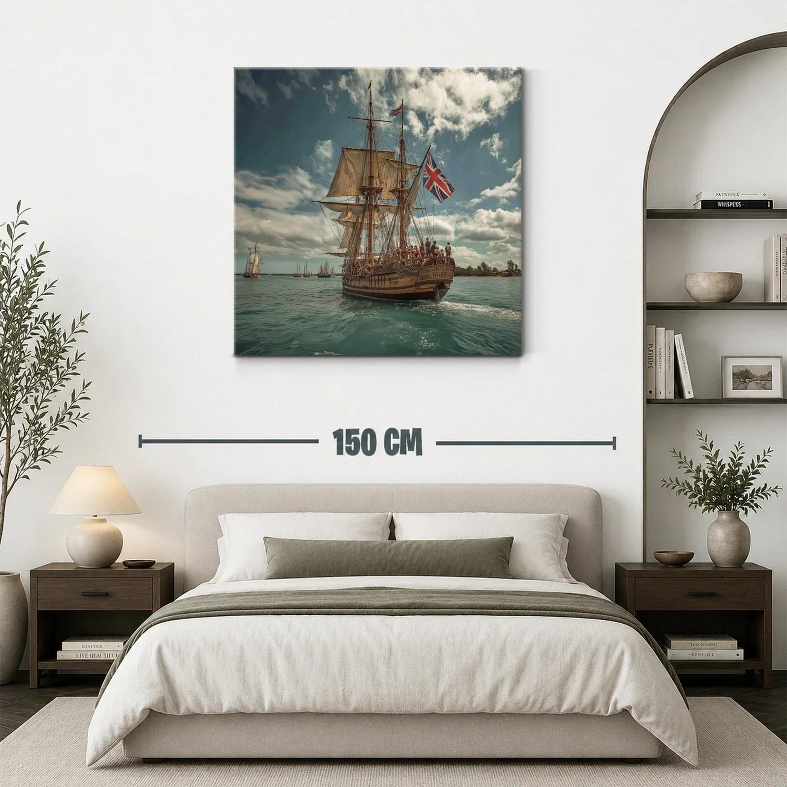 Barco antiguo con velas y bandera británica en el mar — miniatura 3