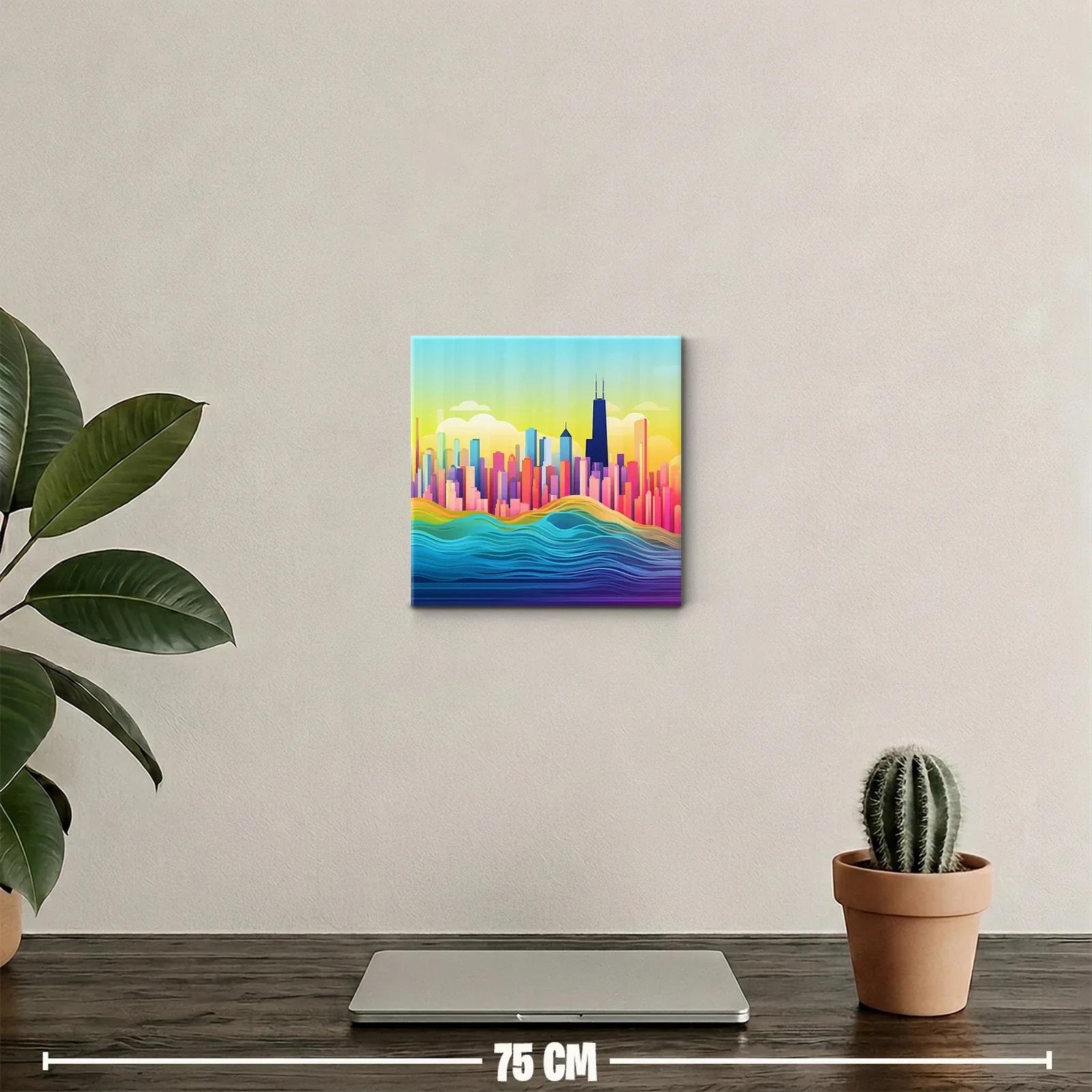 Colorido Skyline urbano con ondas vibrantes y cielo brillante — miniatura 2