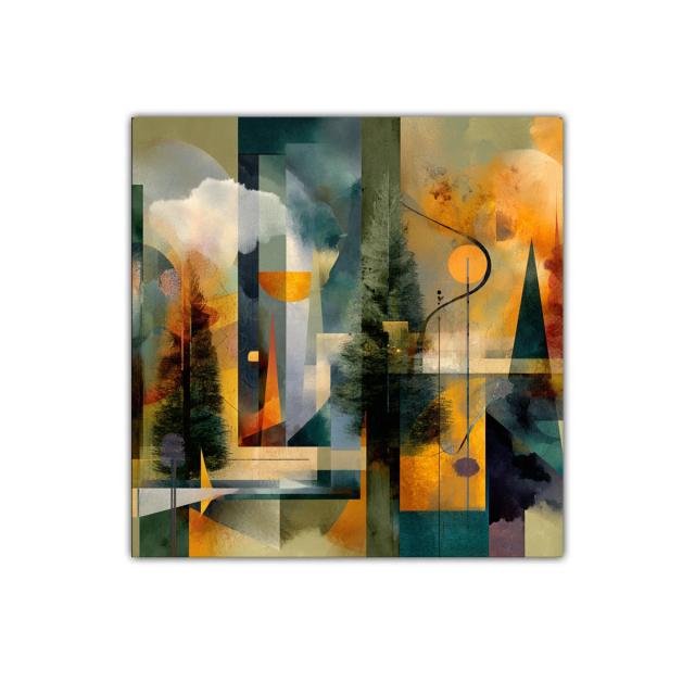 Composición abstracta con tonos verdes y naranjas vibrantes