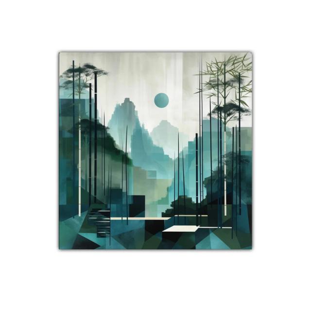 Paisaje abstracto con montañas y bambú en tonos verdes