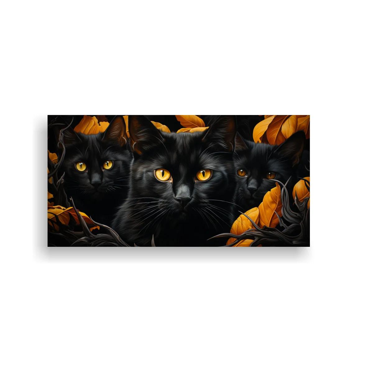 Cuadro tres gatos negros de ojos ámbar entre hojas doradas