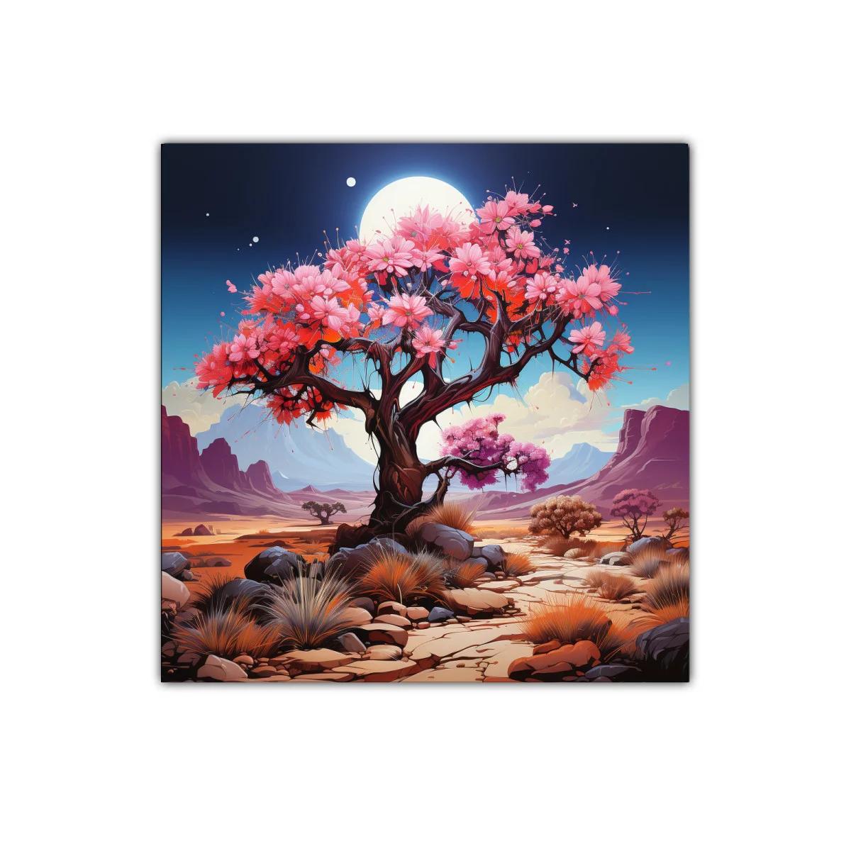 Árbol florido bajo luna llena en paisaje desértico — miniatura 1