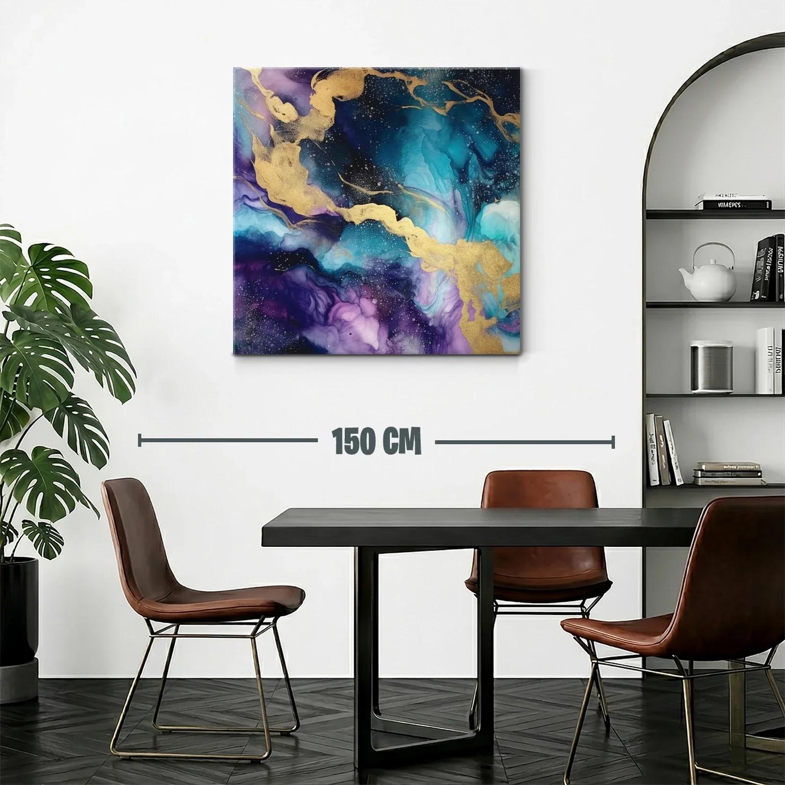 Cuadro abstracto con tonos azulados y dorados vibrantes — miniatura 2