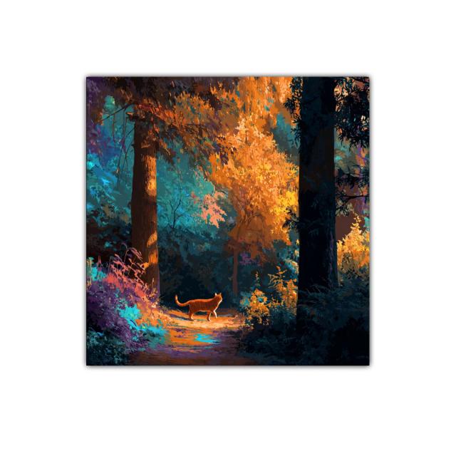 Paisaje otoñal con gato caminando entre árboles