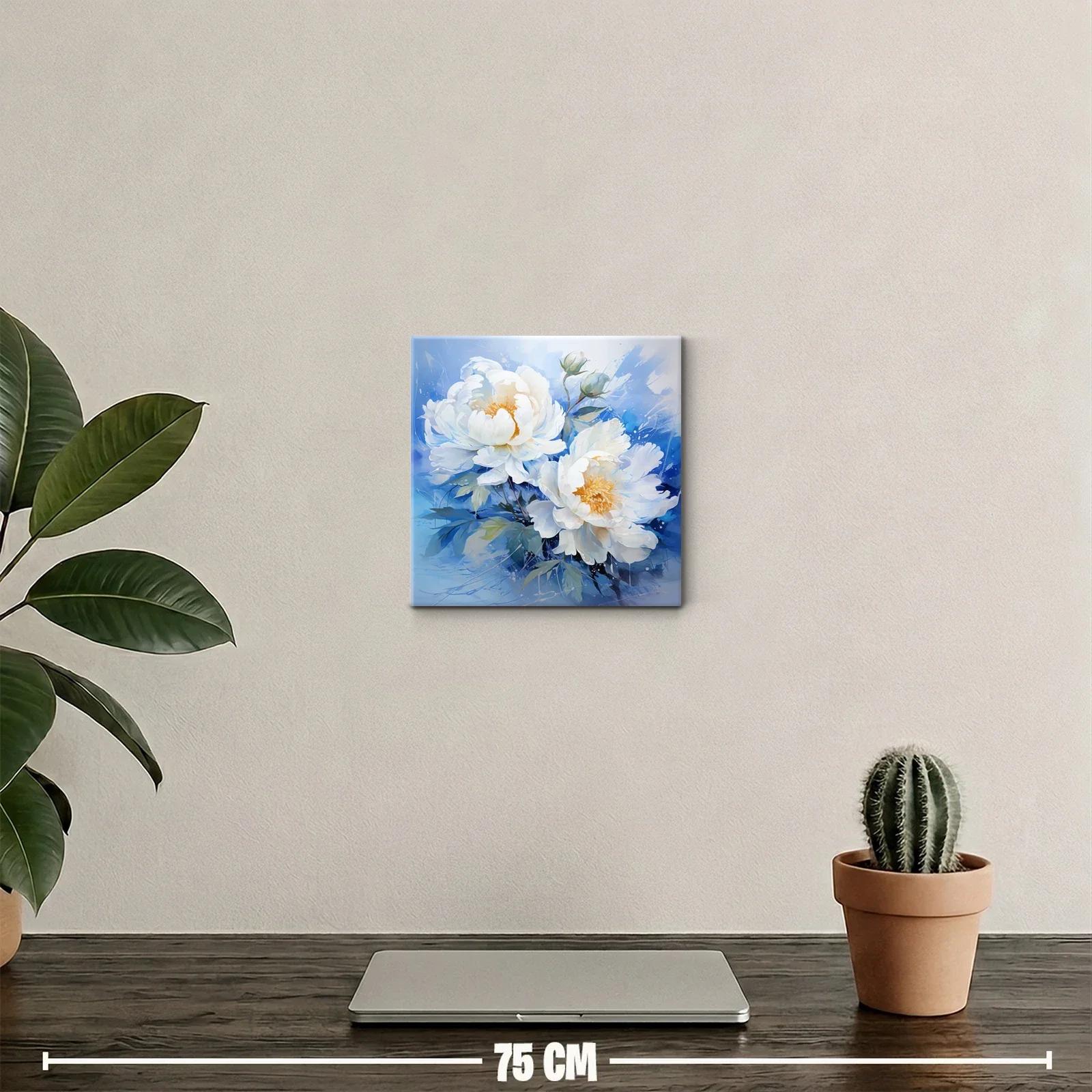 Cuadro floral con peonías blancas sobre fondo azul — miniatura 2