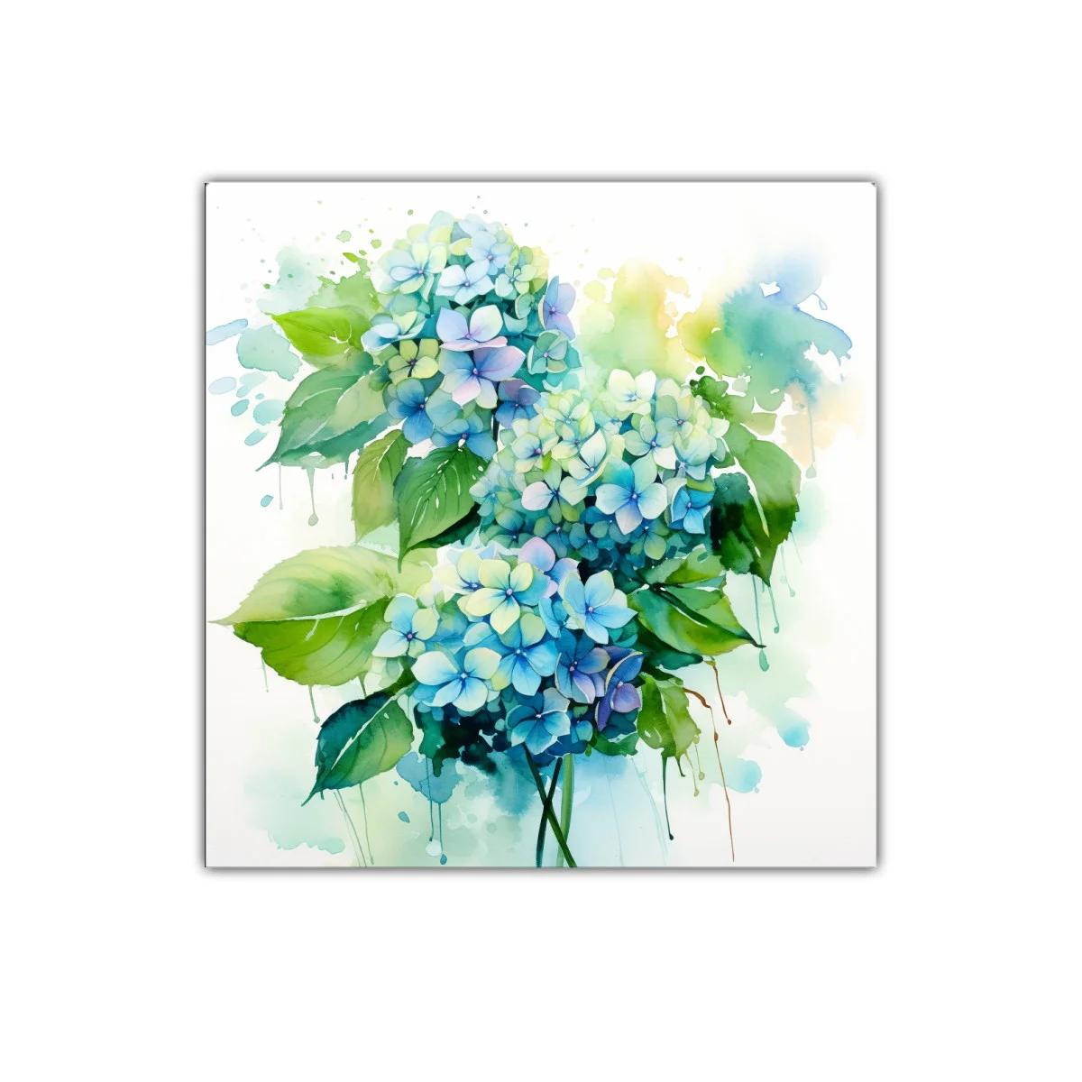 Cuadro decorativo flores de hortensia en tonos azules y verdes