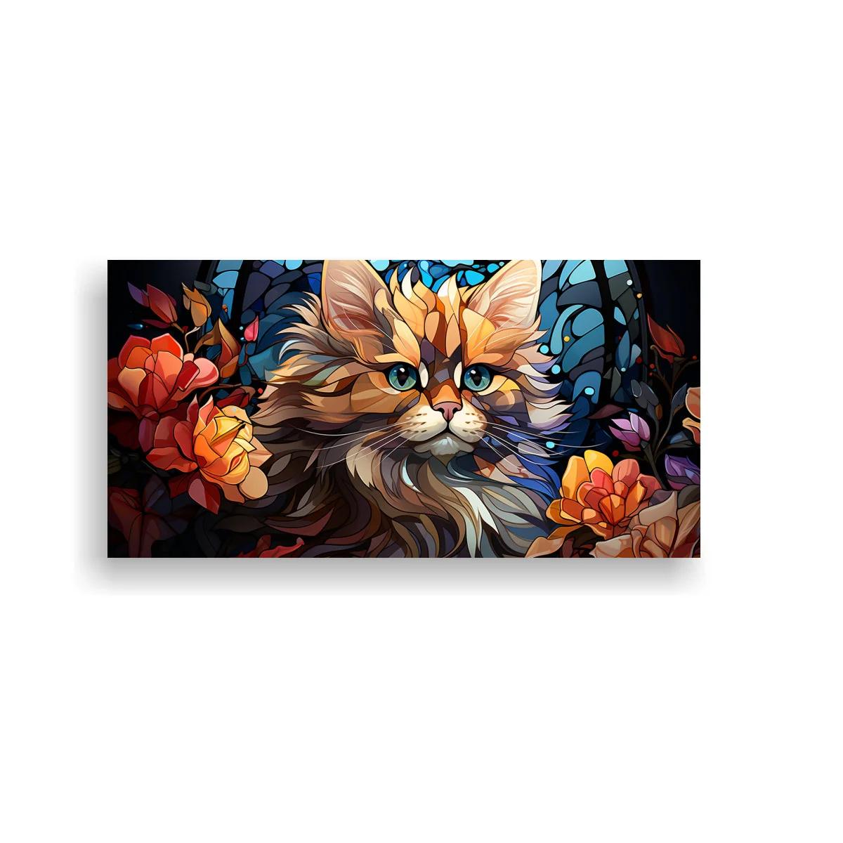 Cuadro gato de pelo largo con flores y trazos facetados