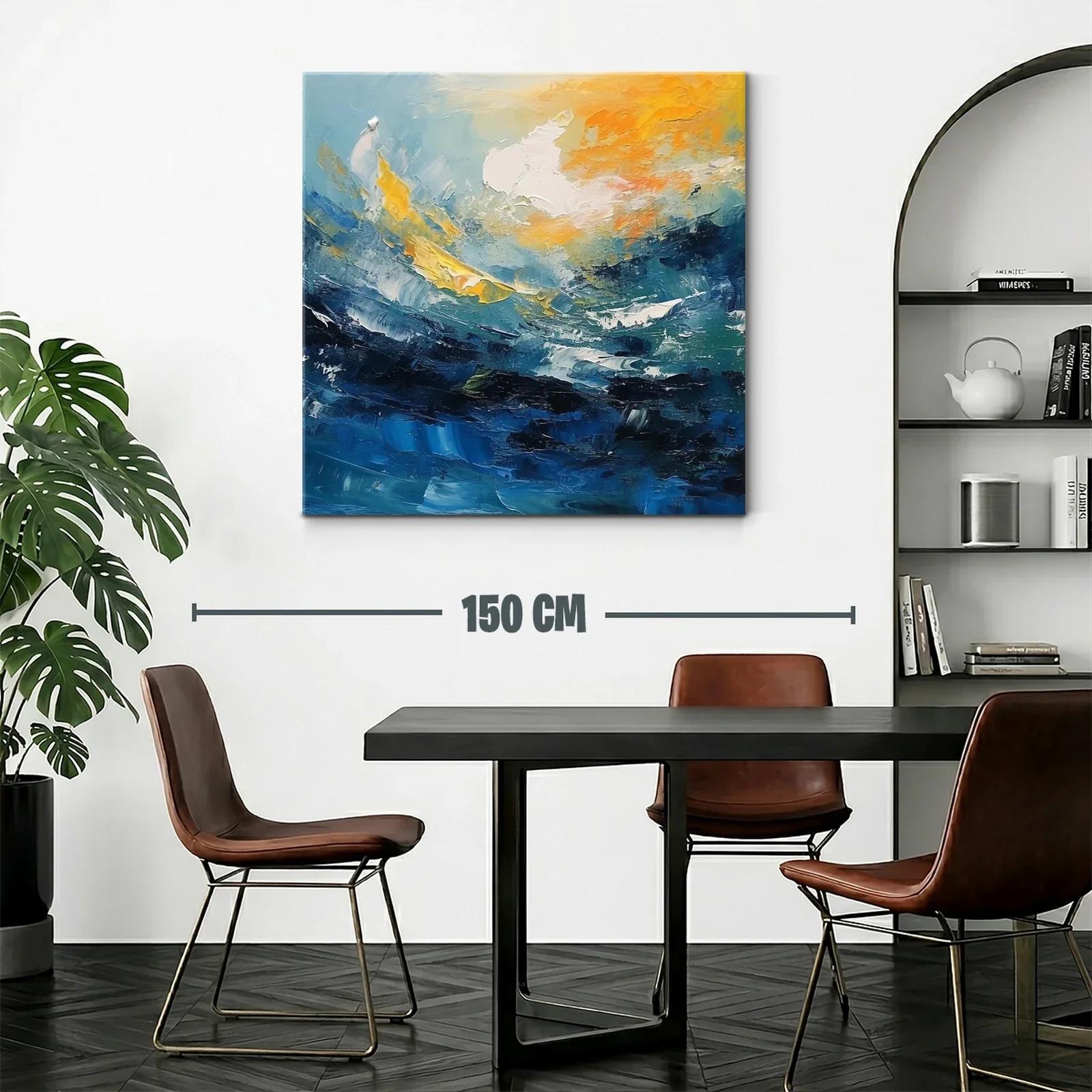 Cuadro abstracto con dinámicas olas y cielo en tonos cálidos — miniatura 2