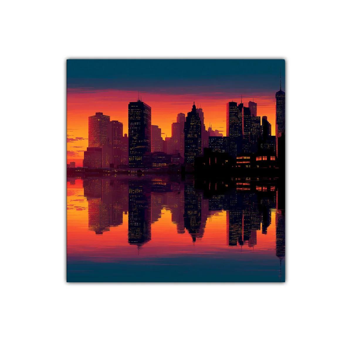 Atardecer vibrante sobre ciudad con reflejo en agua