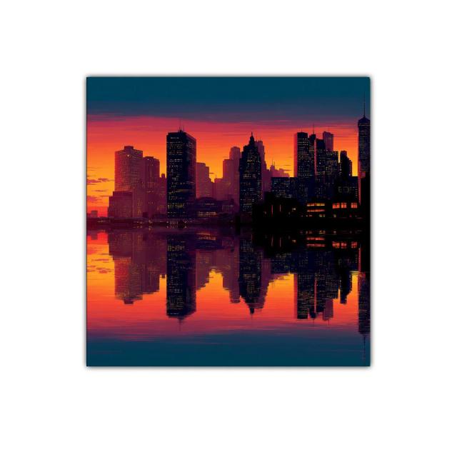 Atardecer vibrante sobre ciudad con reflejo en agua