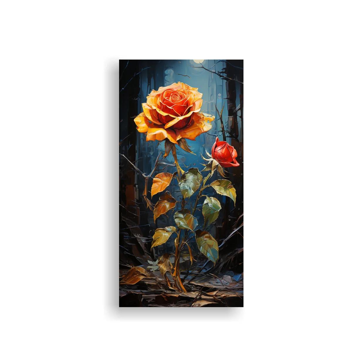 Cuadro rosa naranja con capullo rojo y fondo oscuro