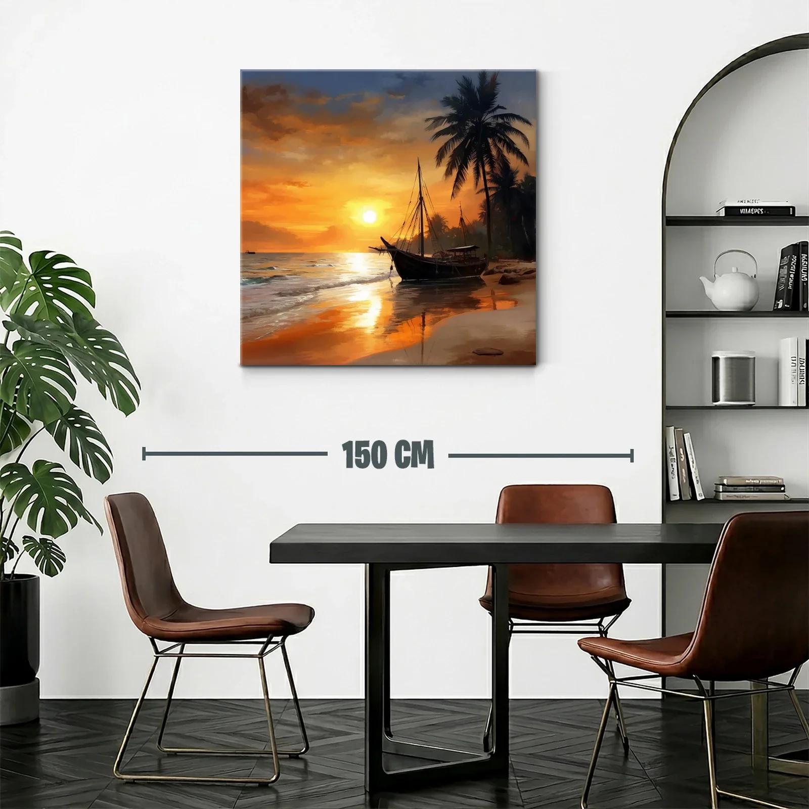Atardecer en la playa con barco y palmeras — miniatura 2