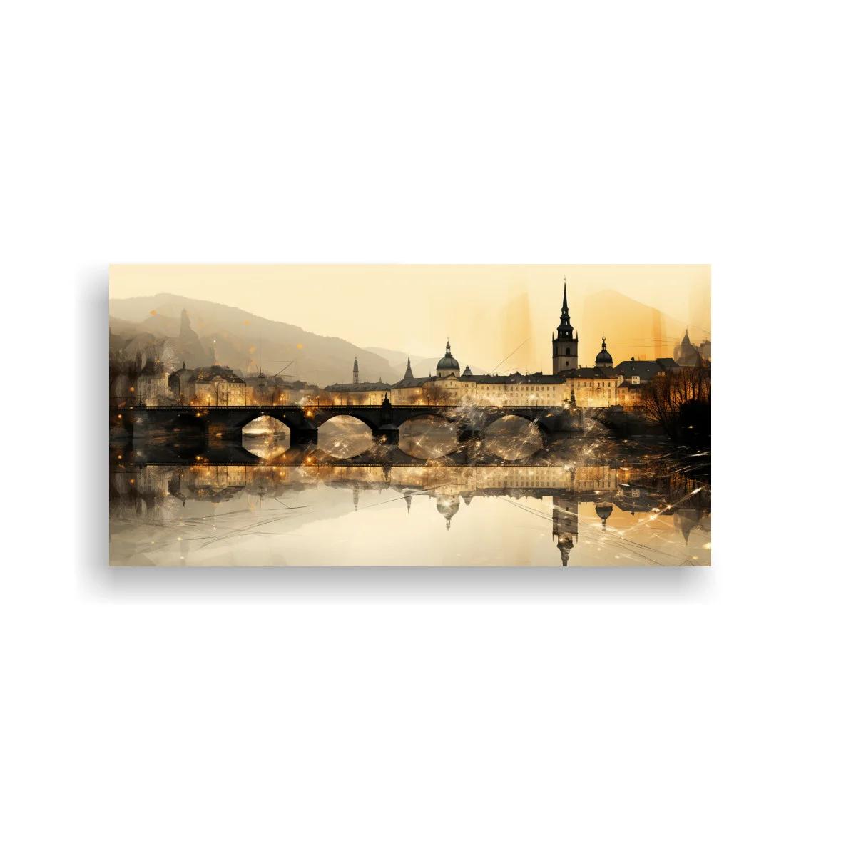 Cuadro skyline urbano con puente de piedra y reflejo en el agua