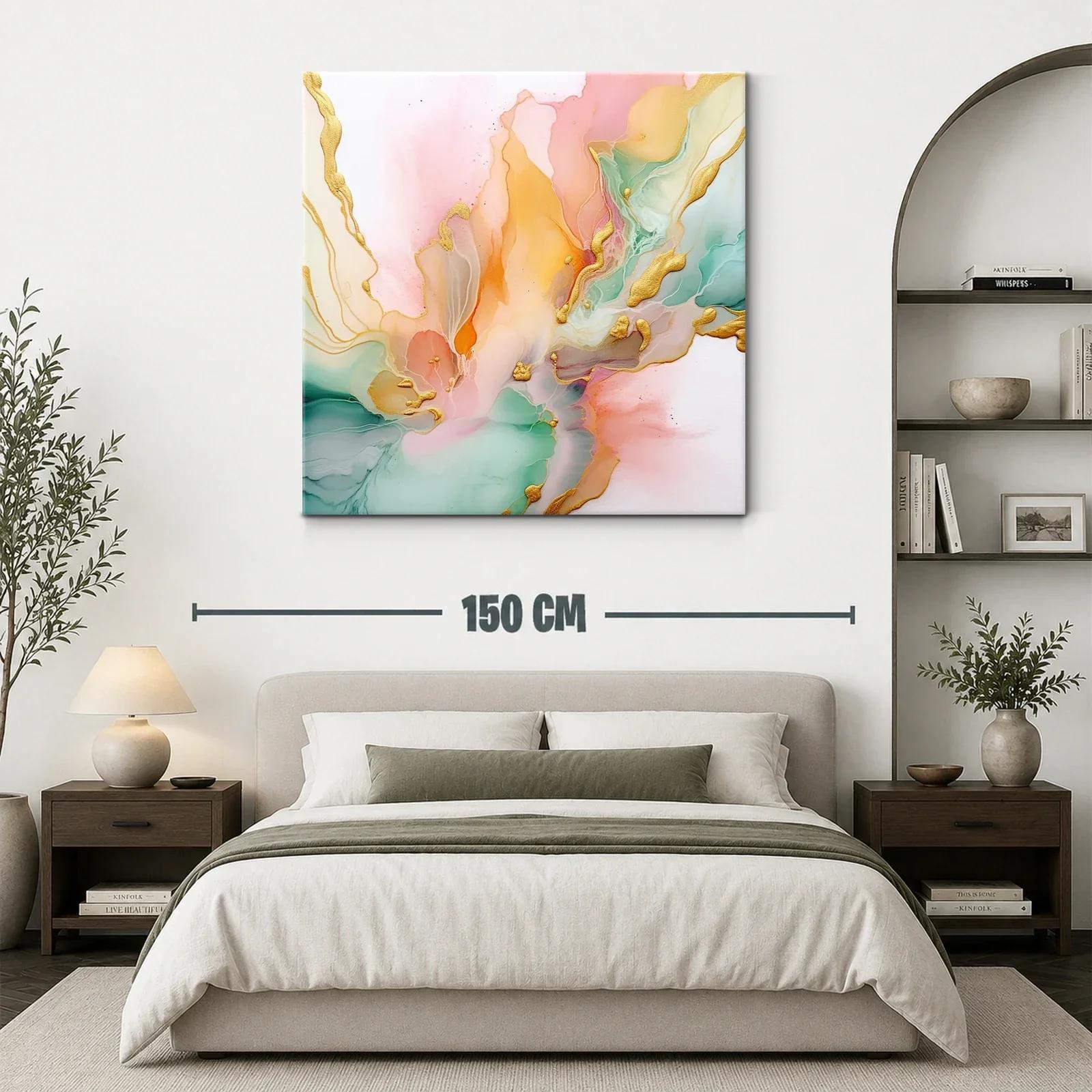 Cuadro abstracto con tonos pastel y detalles dorados — miniatura 3