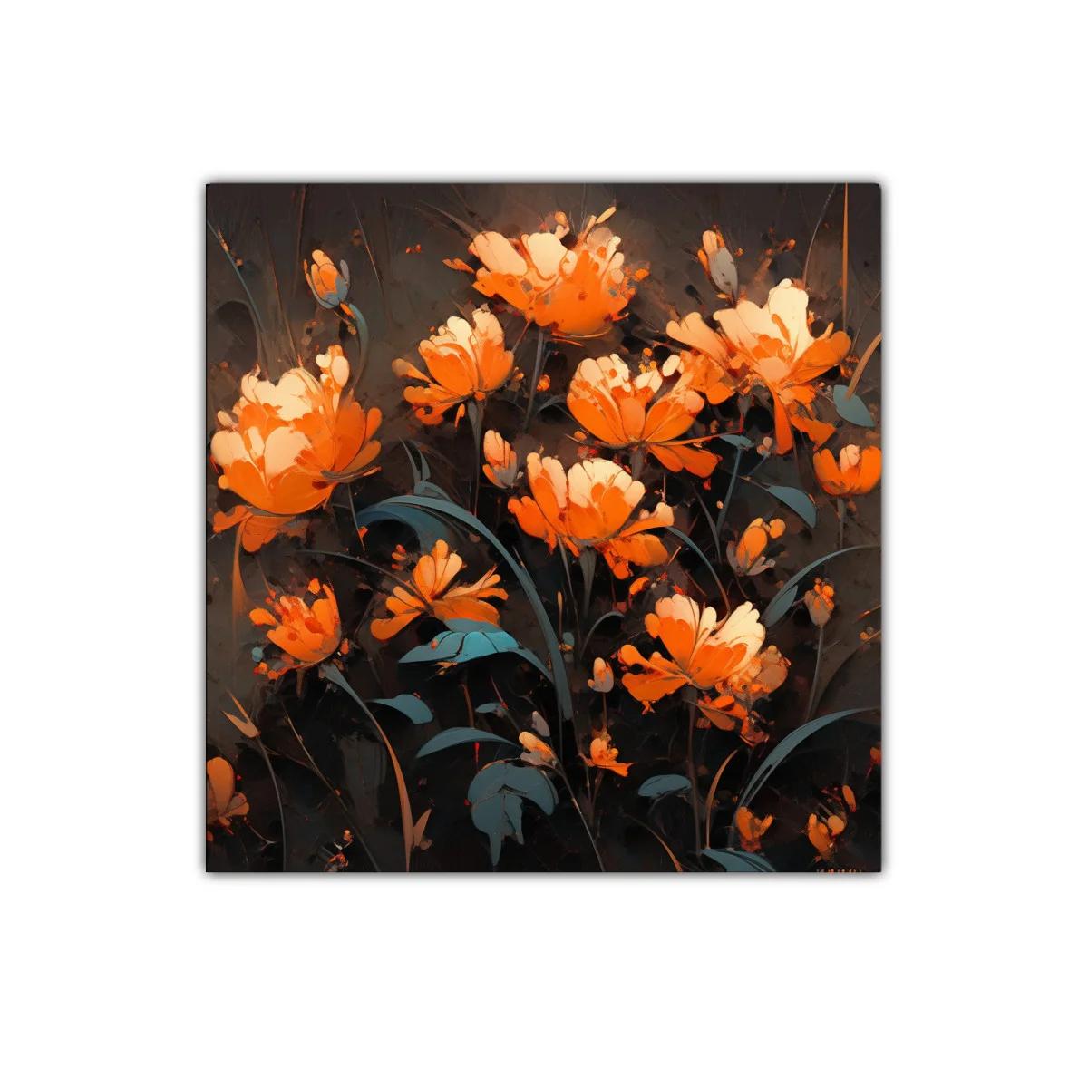 Cuadro floral vibrante con flores en tonos cálidos y fondo oscuro