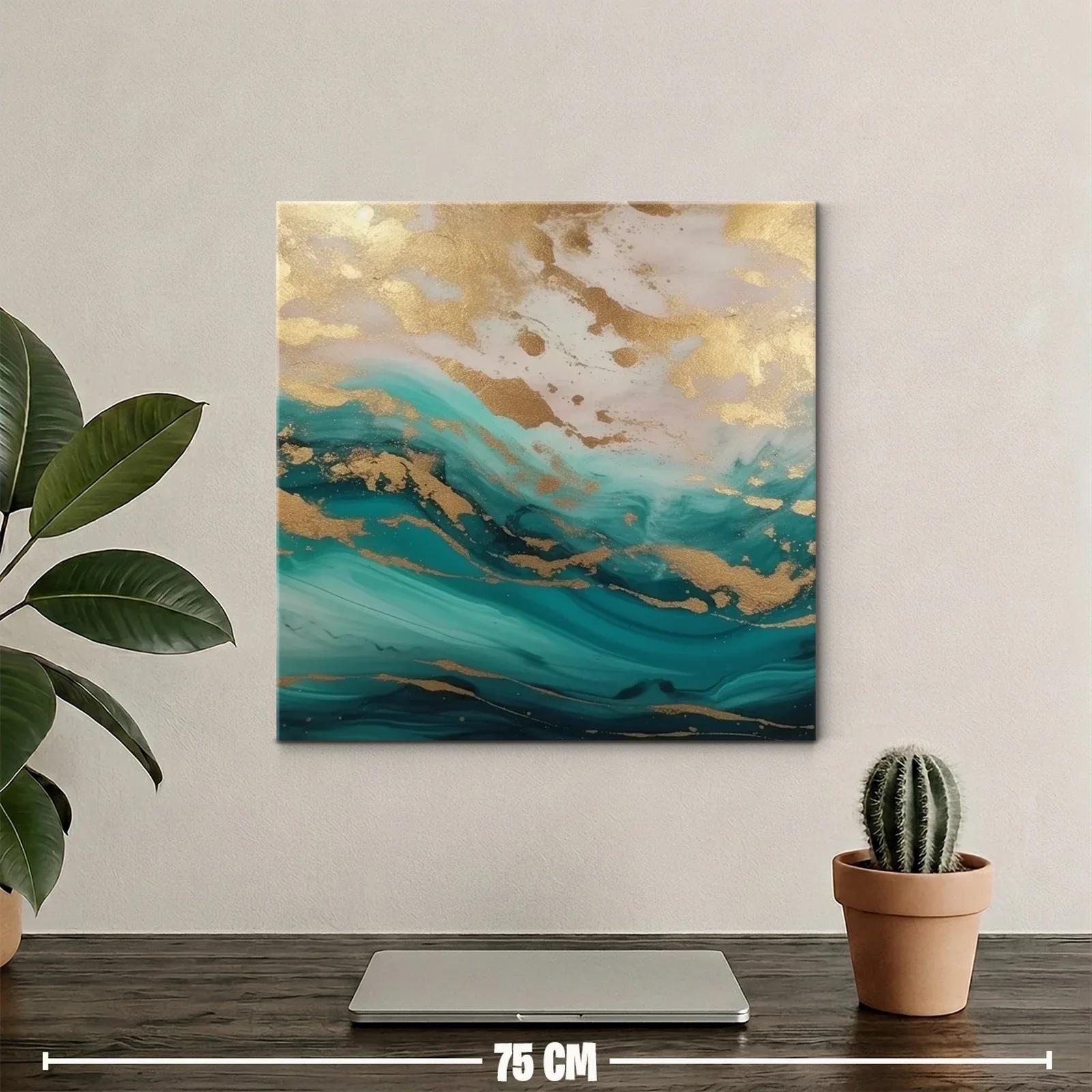 Cuadro abstracto con efecto dorado y tonos turquesa y azul — miniatura 2