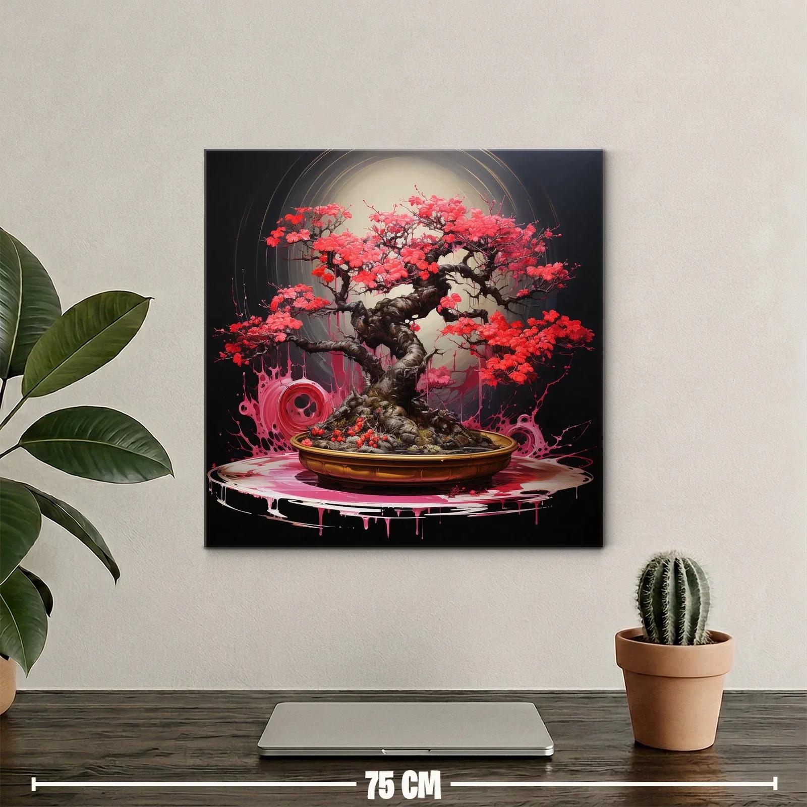 Árbol bonsái con vibrantes hojas rojas iluminado en círculo — miniatura 2