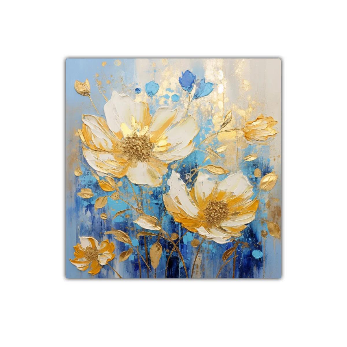 Cuadro floral con tonos dorados y azules vibrantes — imagen principal