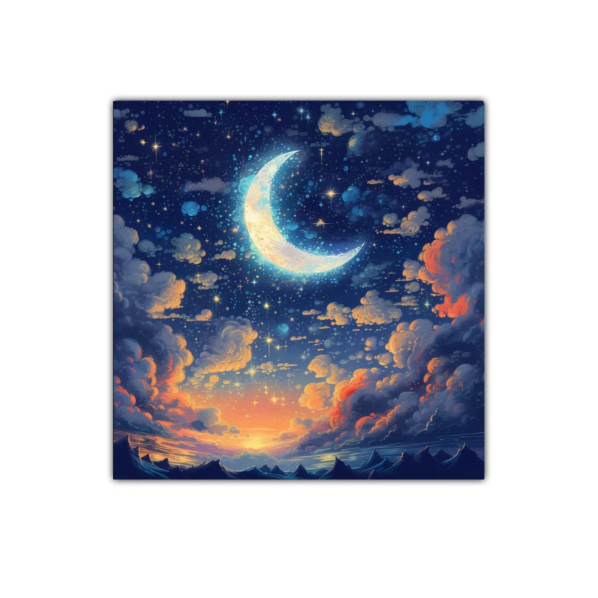 Cuadro celeste con luna creciente y cielo estrellado colorido — imagen principal