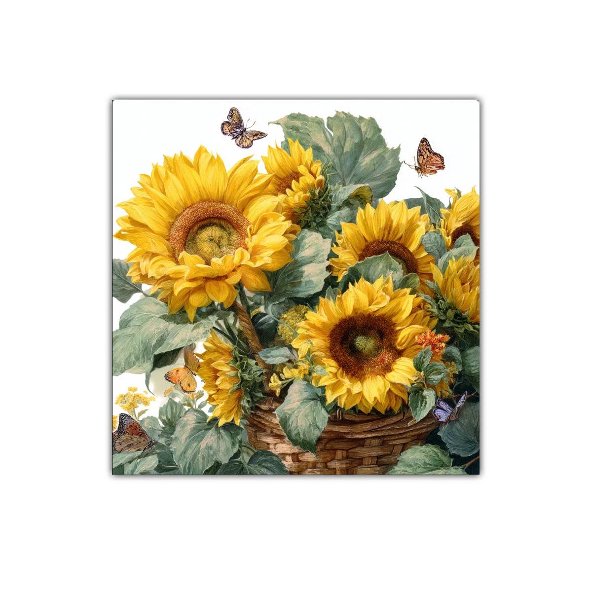 Cuadro con vibrantes girasoles y mariposas en tonos cálidos — imagen principal