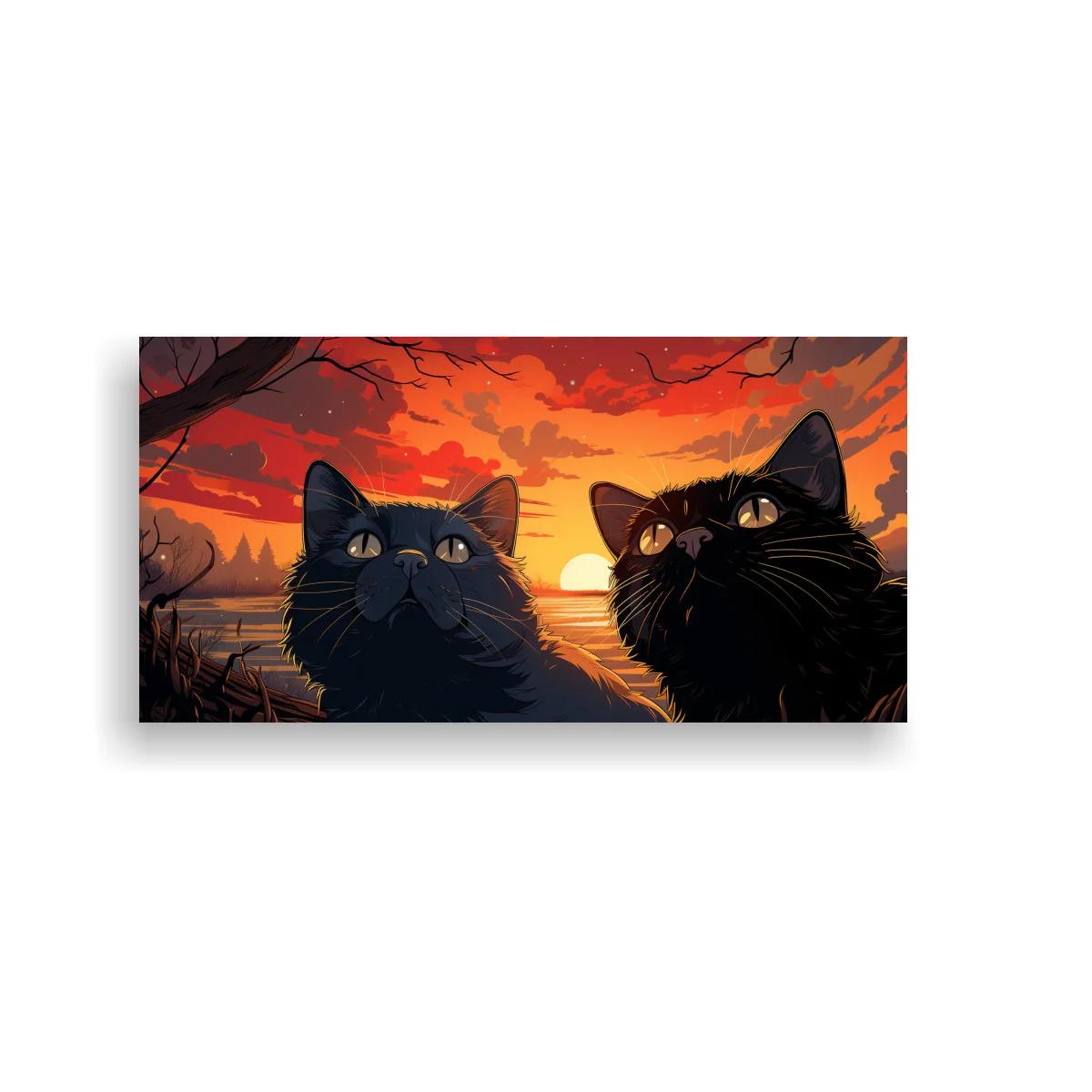 Cuadro dos gatos negros con atardecer y ramas desnudas