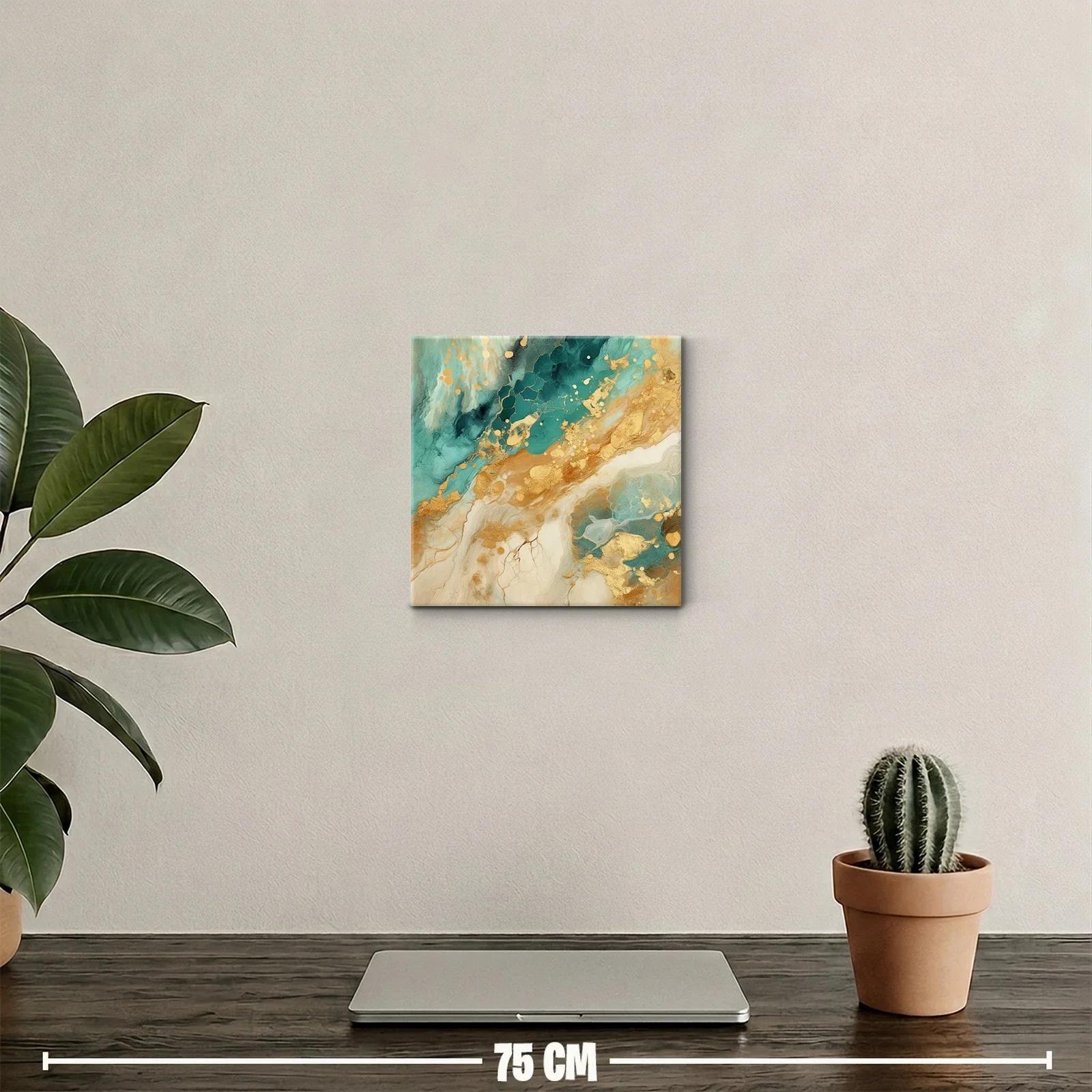 Cuadro abstracto con detalles dorados y tonos turquesa — miniatura 2