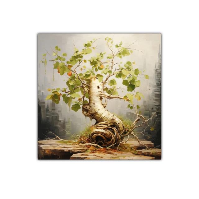 Cuadro con árbol de ramas retorcidas y hojas verdes