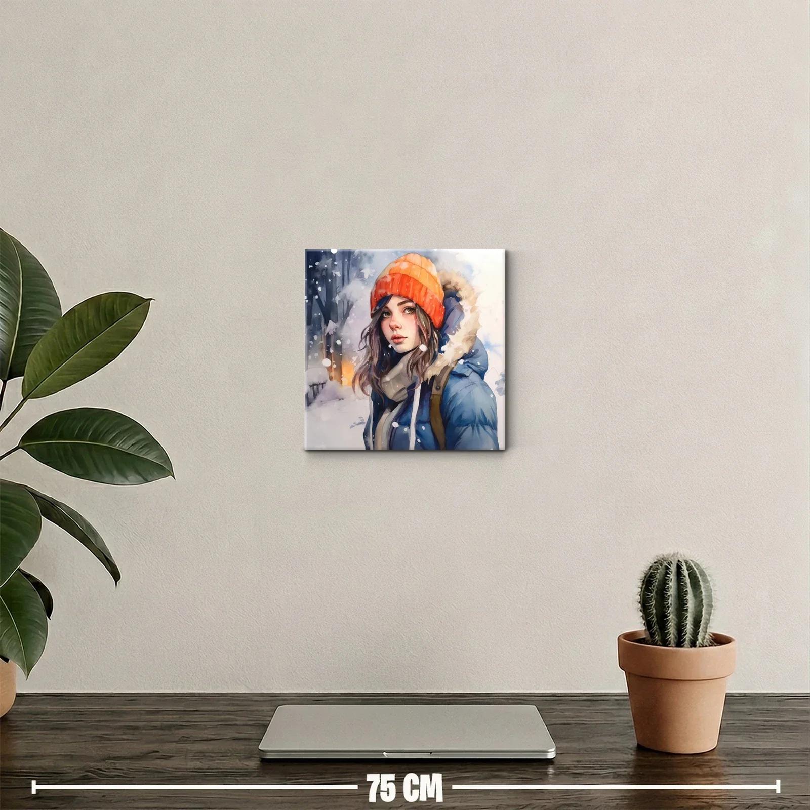 Retrato femenino invernal con gorro naranja y abrigo azul — miniatura 2