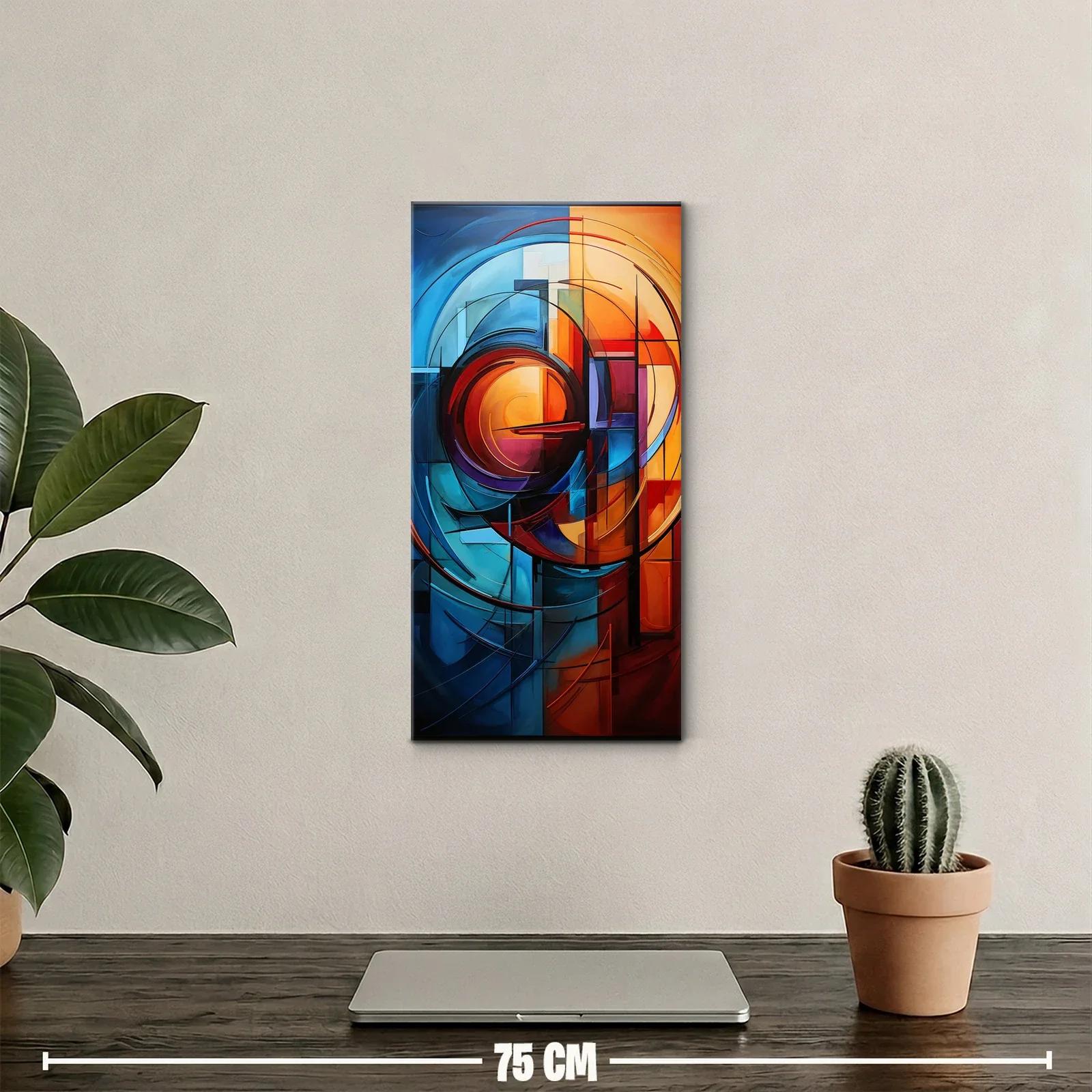 Cuadro abstracto geométrico con círculos y arcos en azul y naranja — miniatura 2
