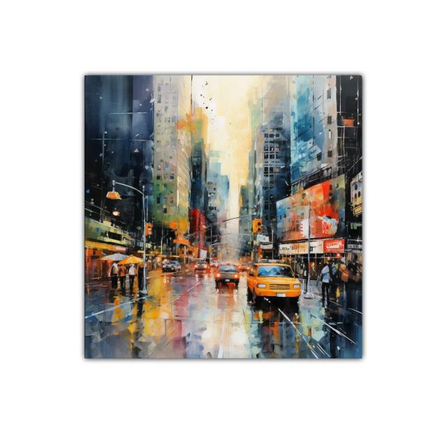 Cuadro urbano con taxi amarillo y reflejos de lluvia