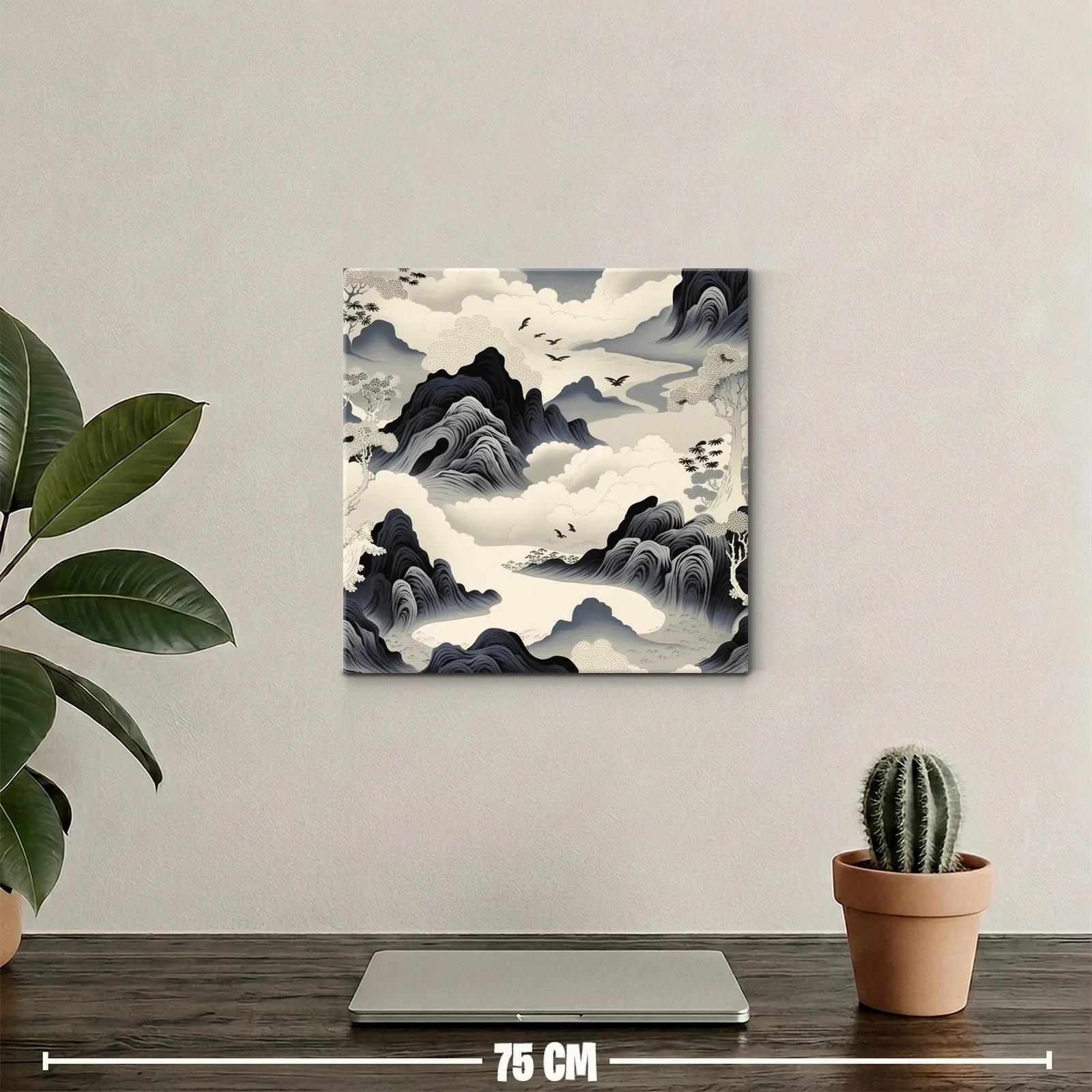Paisaje onírico con montañas y aves en tonos neutros — miniatura 2