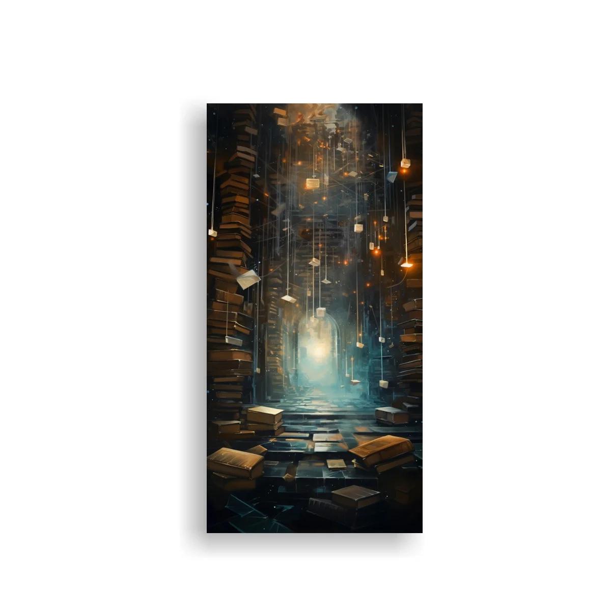 Cuadro biblioteca fantástica con faroles y luz al fondo