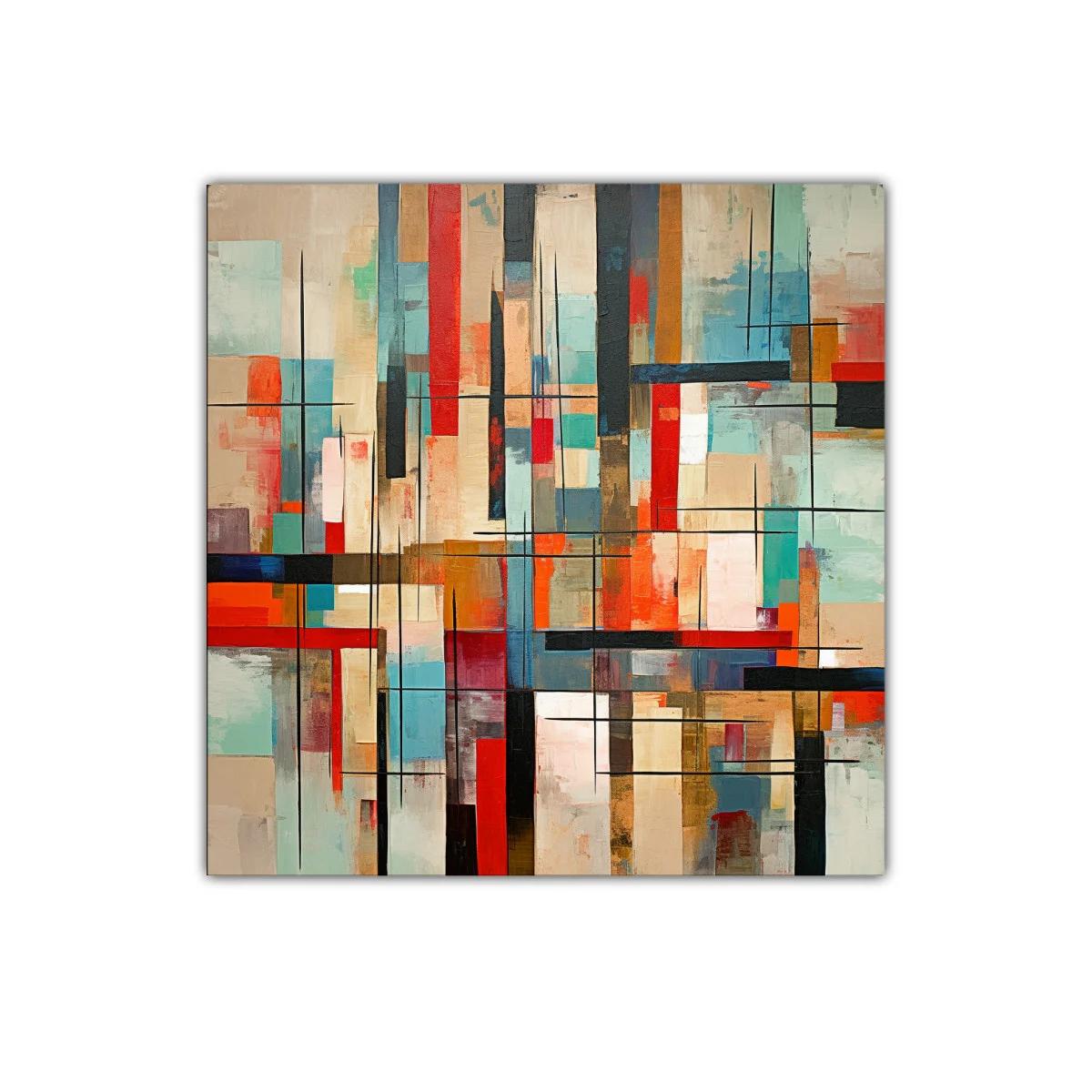 Cuadro abstracto con líneas y bloques de color vibrante