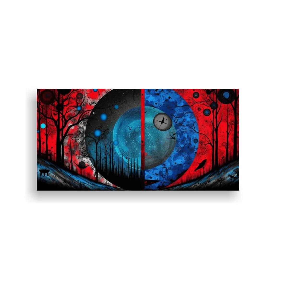 Cuadro eclipse lunar con bosque rojo y azul