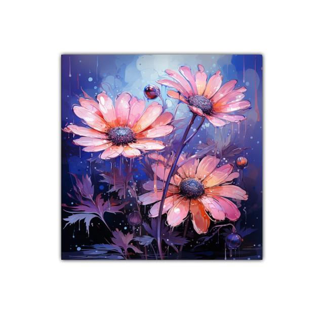 Cuadro floral con flores rosas sobre fondo azul profundo