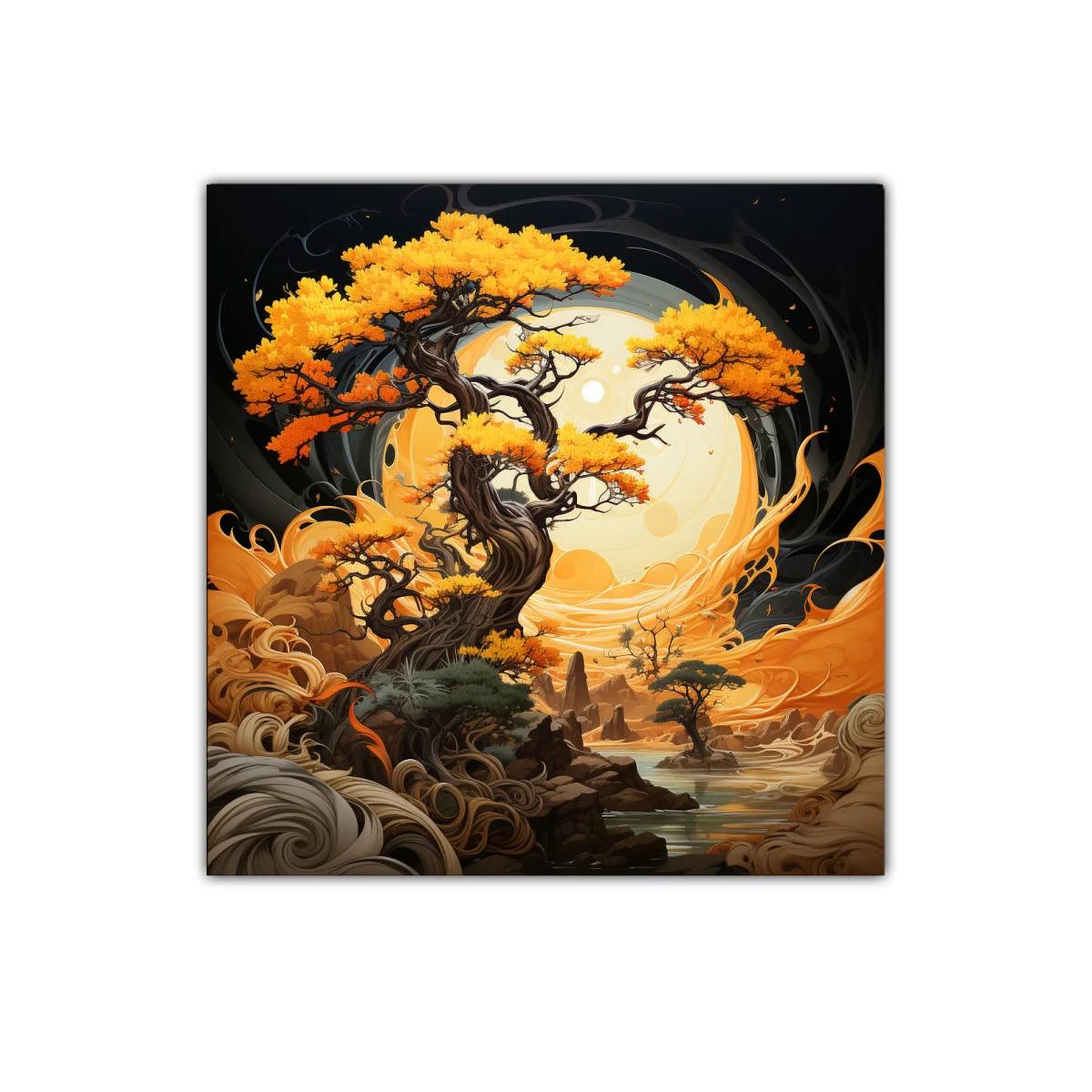 Árboles dorados bajo luna llena en paisaje místico — imagen principal