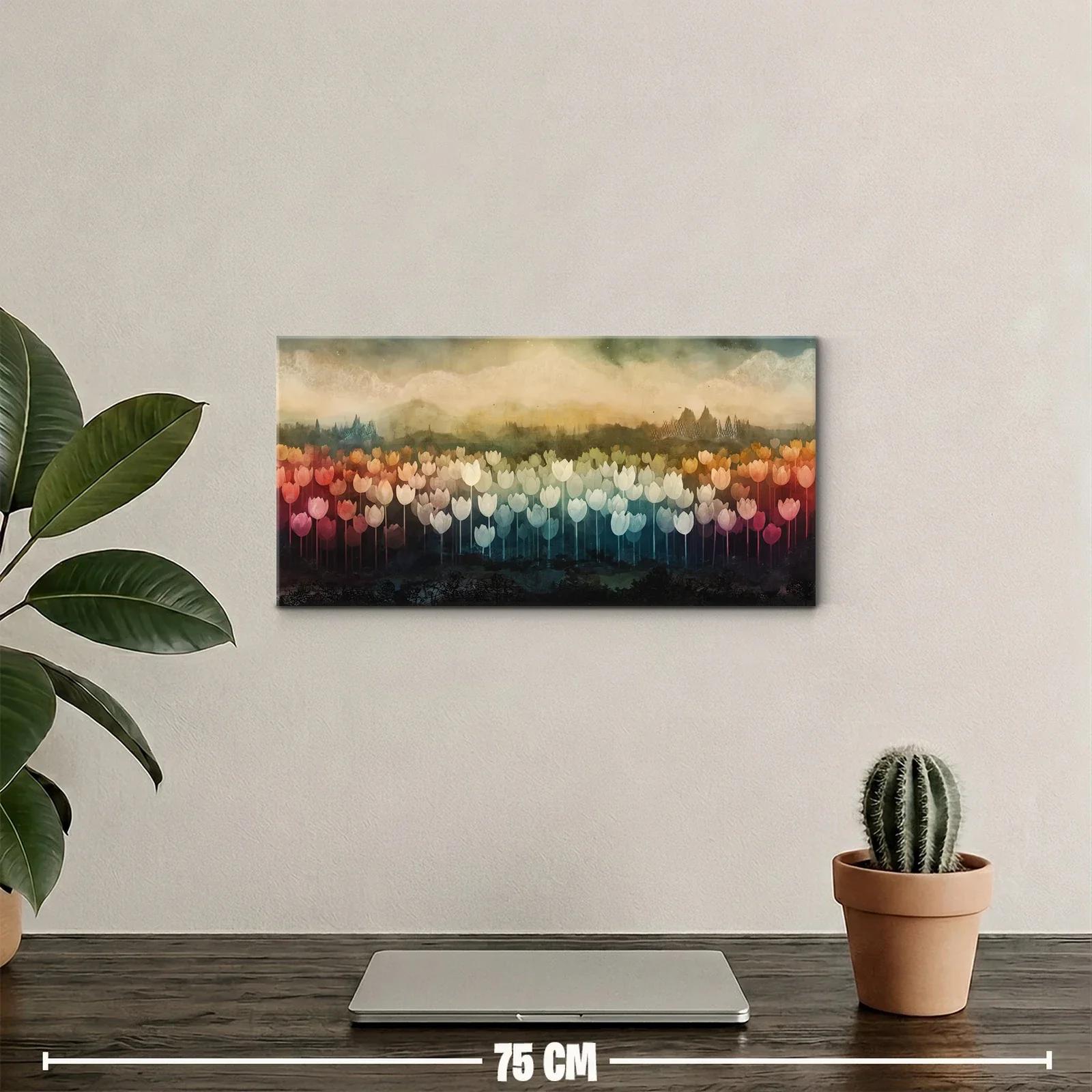 Cuadro campo de tulipanes con árboles lejanos y cielo difuso — miniatura 2
