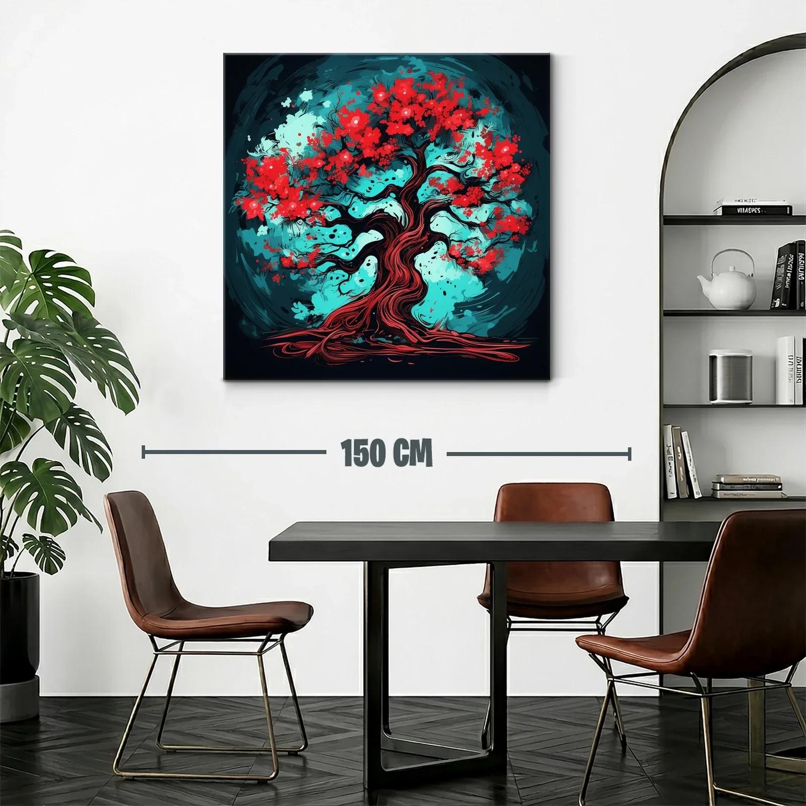 Árbol vibrante con flores rojas y fondo turquesa intenso — miniatura 2