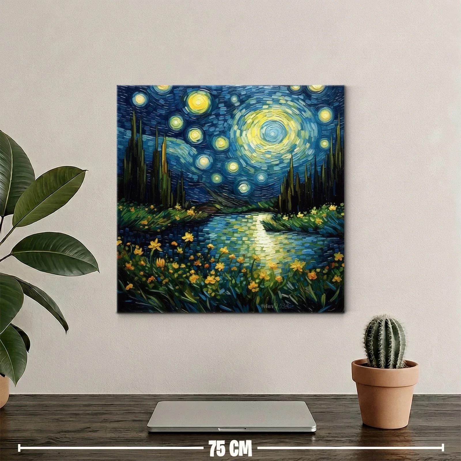 Paisaje nocturno estrellado con flores luminosas y río sereno — miniatura 2