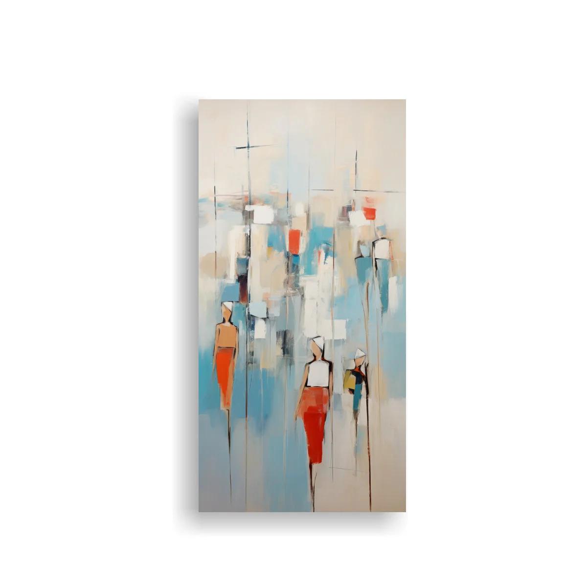 Cuadro figuras humanas abstractas con acentos rojos y azules — imagen principal