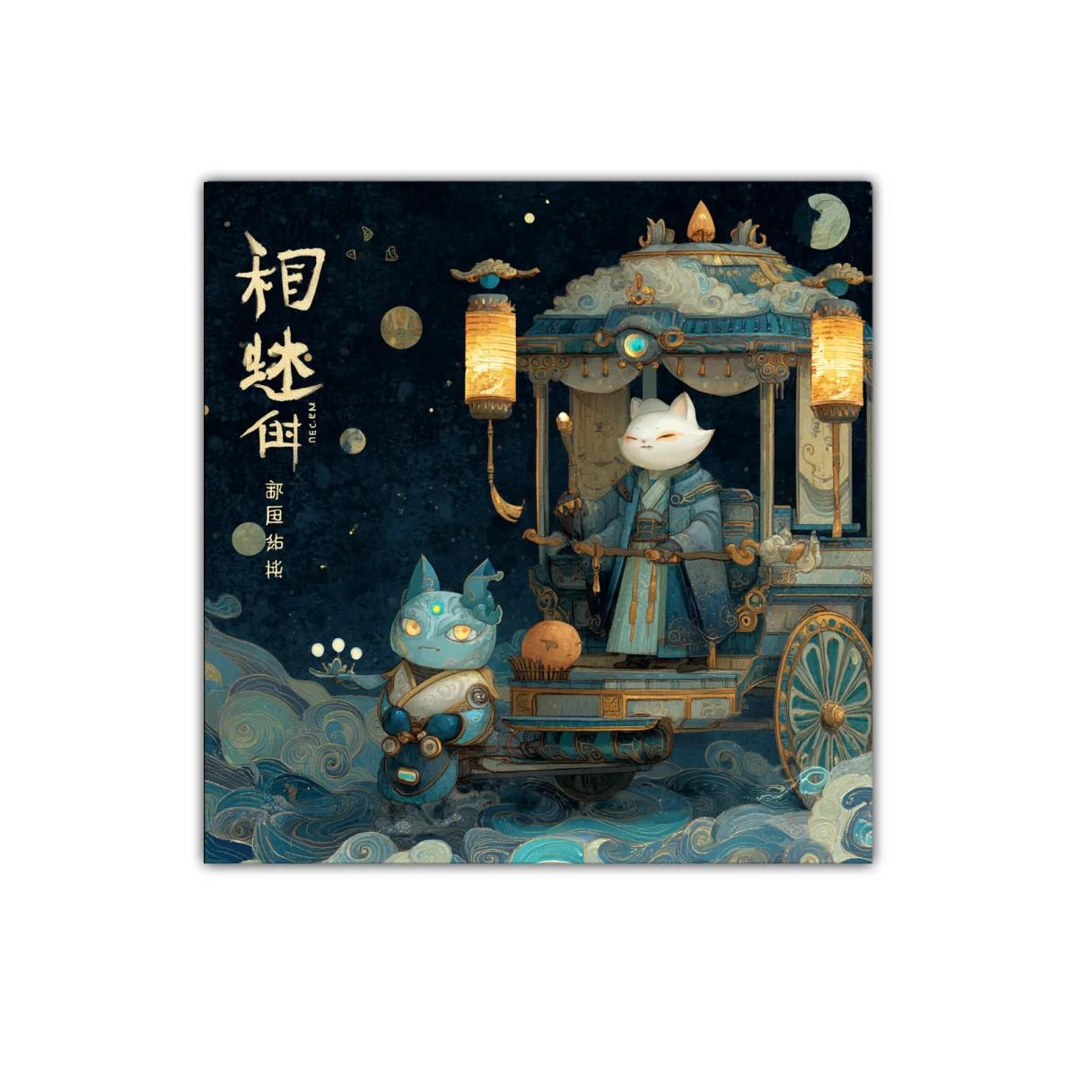 Escena fantástica con personajes místicos en carruaje azul — imagen principal