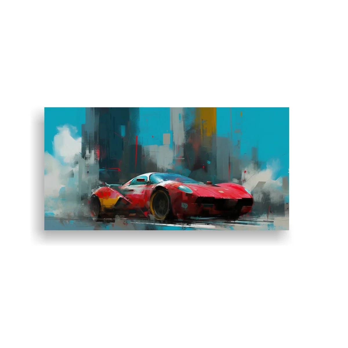 Cuadro coche deportivo rojo con fondo urbano turquesa