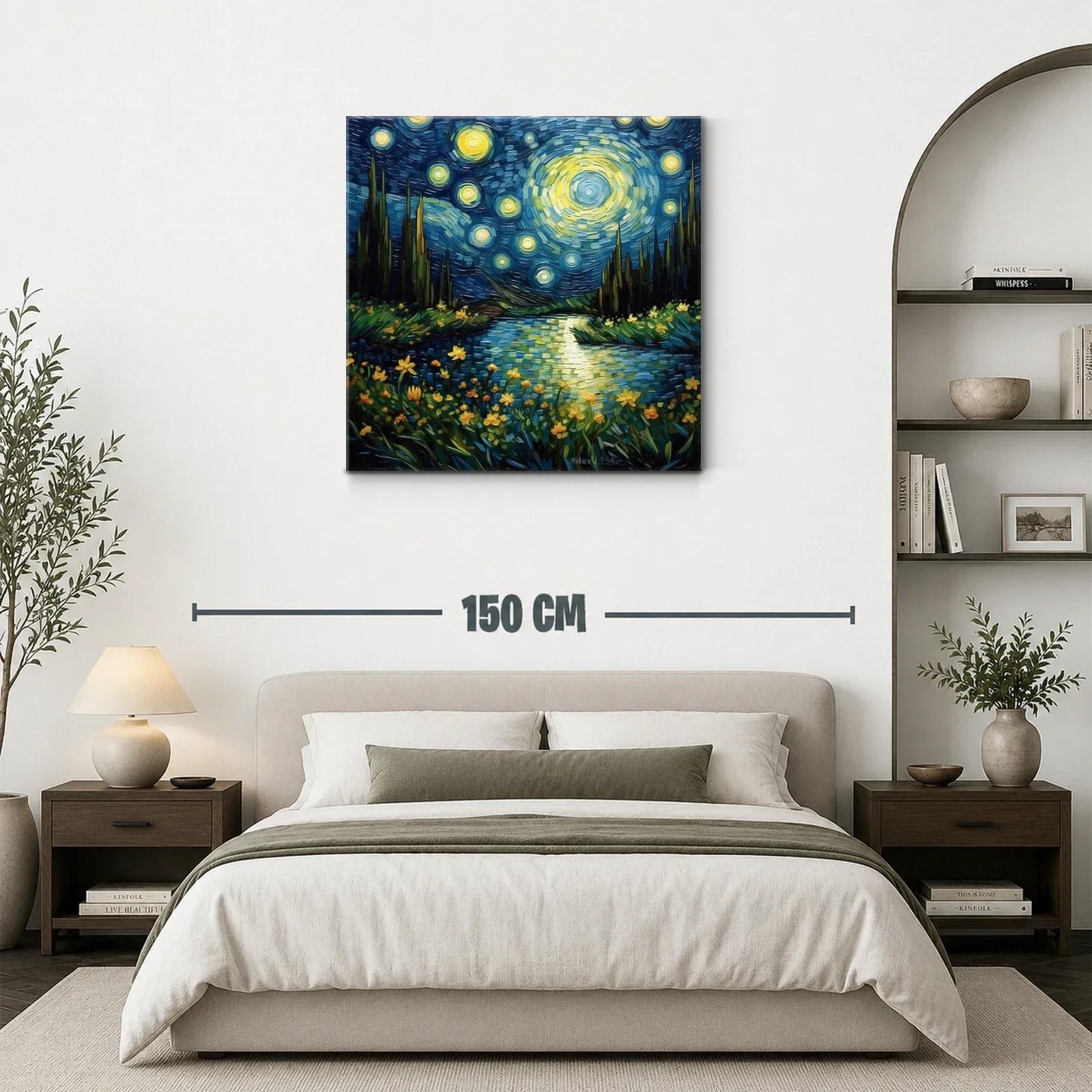 Paisaje nocturno estrellado con flores luminosas y río sereno — miniatura 3