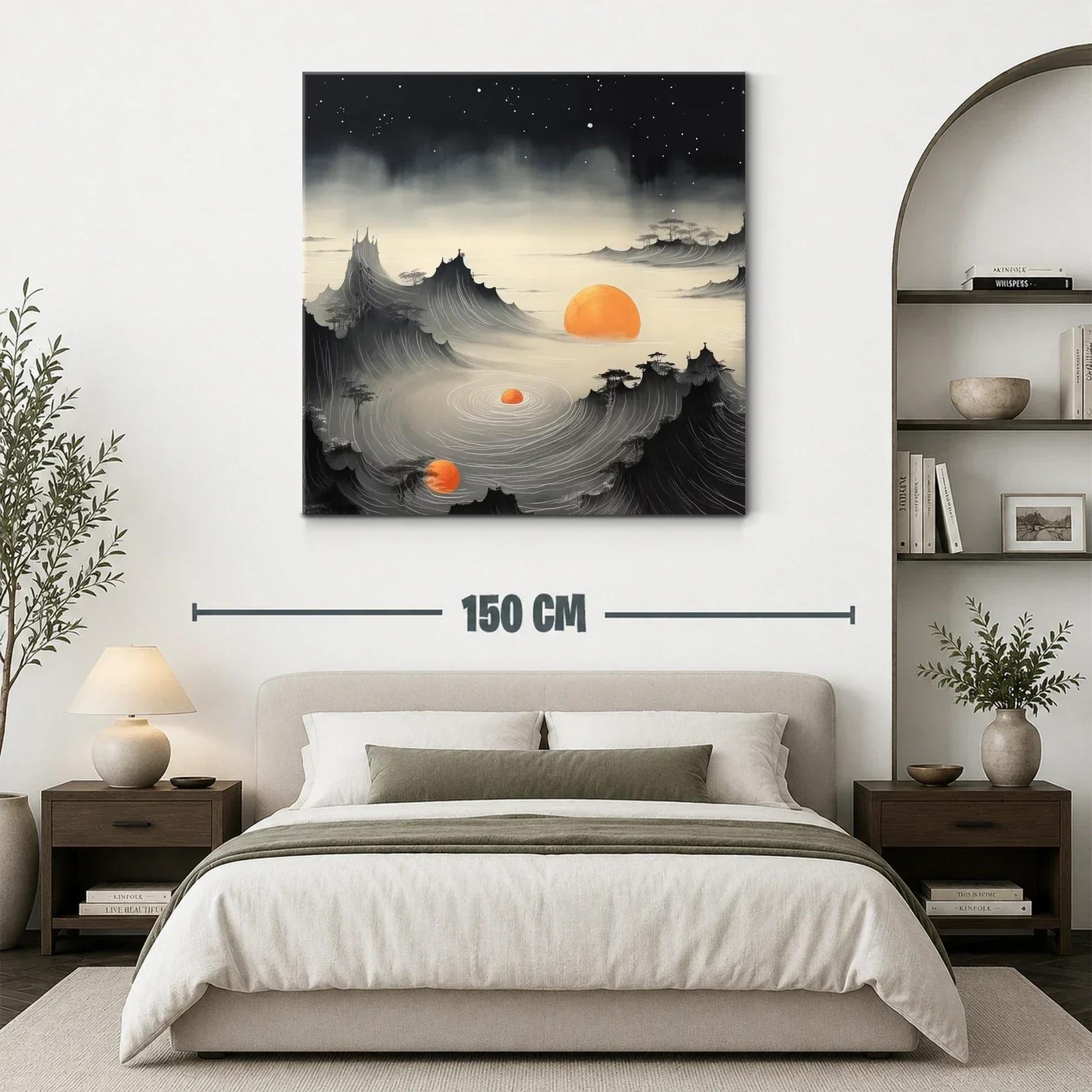 Paisaje onírico con montañas y soles naranjas brillantes — miniatura 3