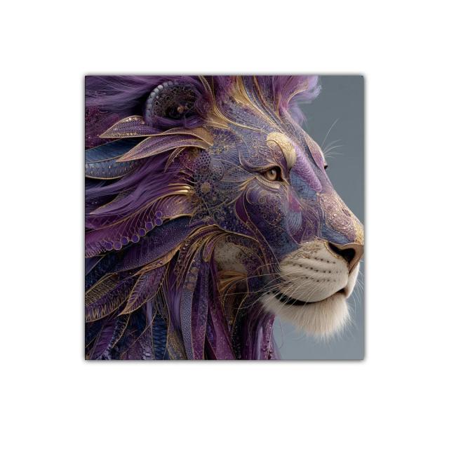 Impresionante león con detalles dorados y tonos violetas
