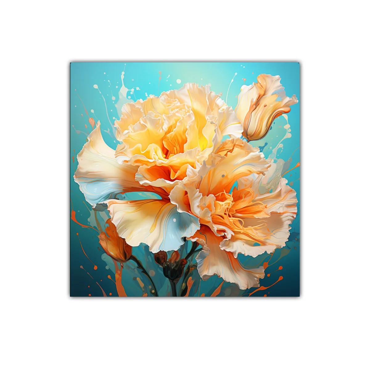 Cuadro floral vibrante en tonos cálidos y fondo azul — imagen principal