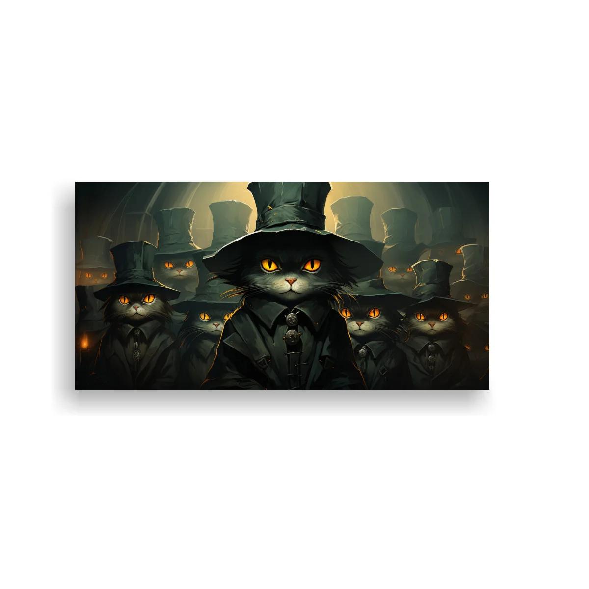 Cuadro gato negro con sombrero de copa en escena oscura